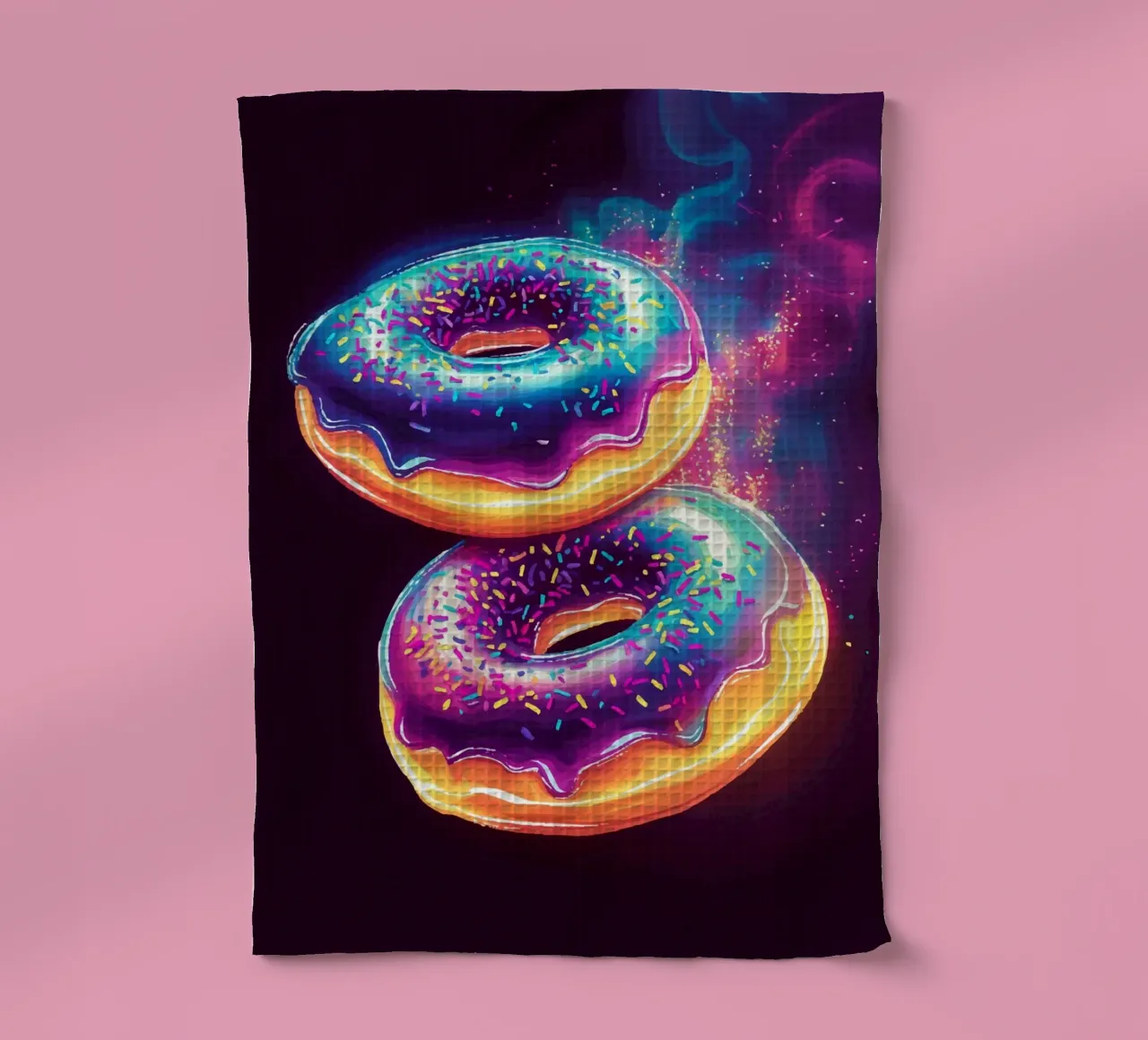 Neon donuts with a cosmic glow tea towel by pixelbull - medieval art and more