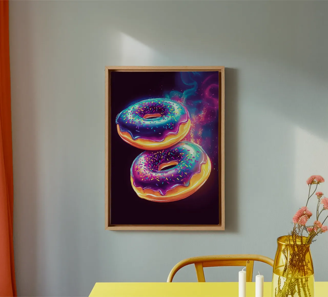 Neon donuts with a cosmic glow canvas with Floater frame by pixelbull - medieval art and more