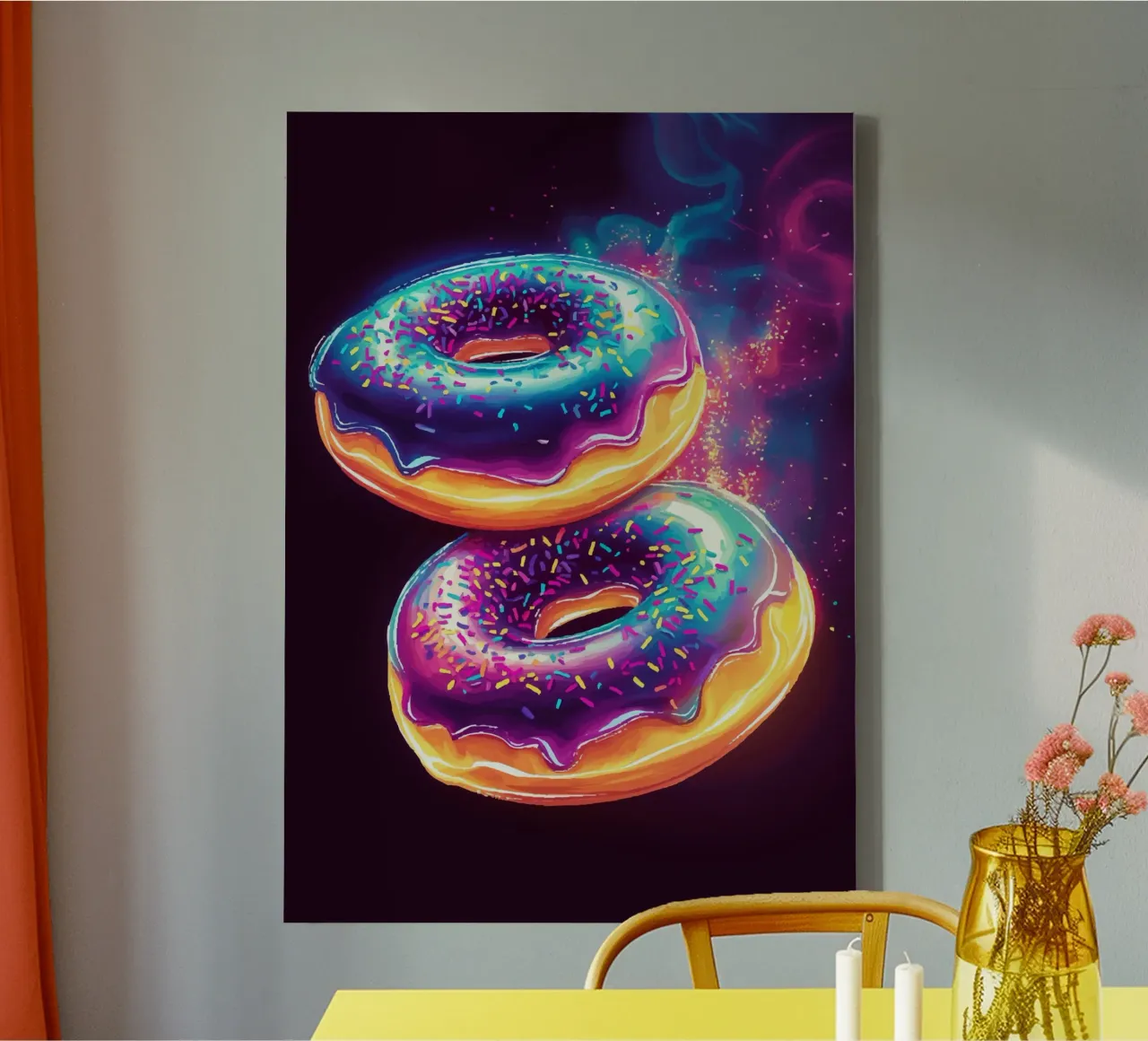 Neon donuts with a cosmic glow canvas with Floater frame by pixelbull - medieval art and more