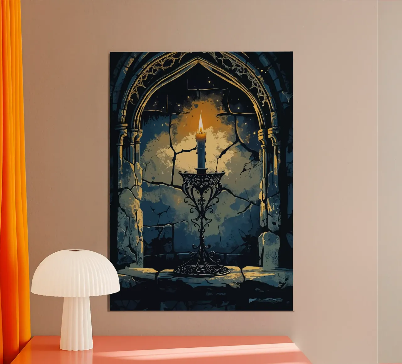 Candela mistica in un arco gotico alluminio dibond da pixelbull - medieval art and more