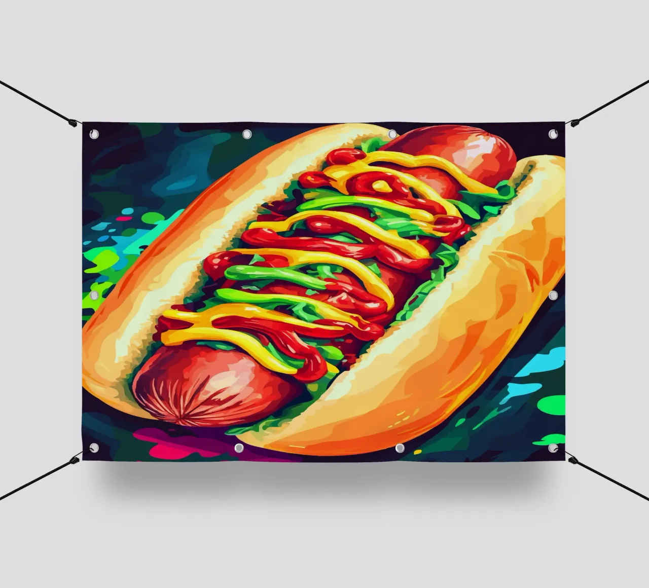 Hot dog colorati con un'esplosione di salsa telo in pvc da pixelbull - medieval art and more