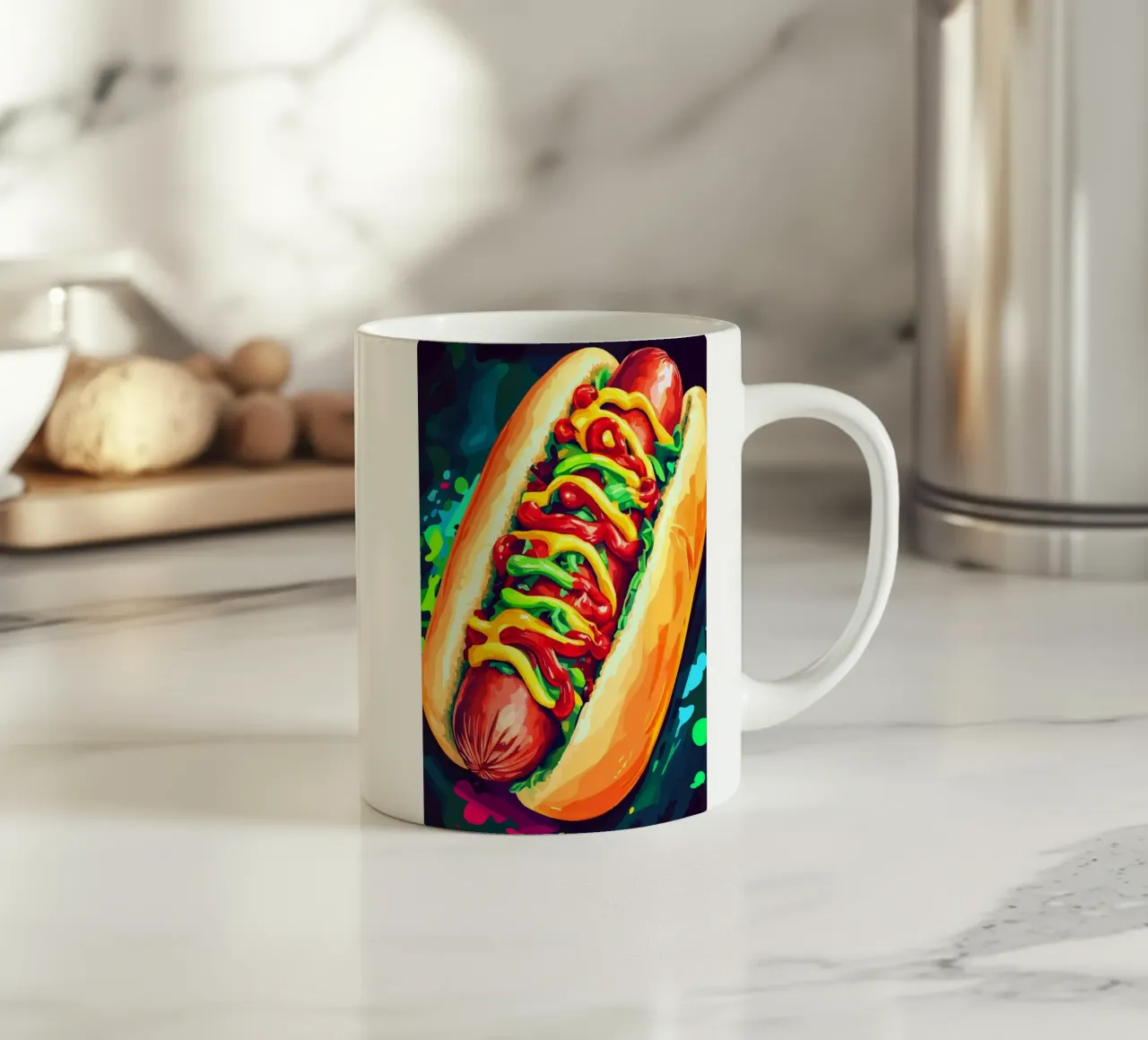 Hot dog colorati con un'esplosione di salsa tazza in ceramica da pixelbull - medieval art and more