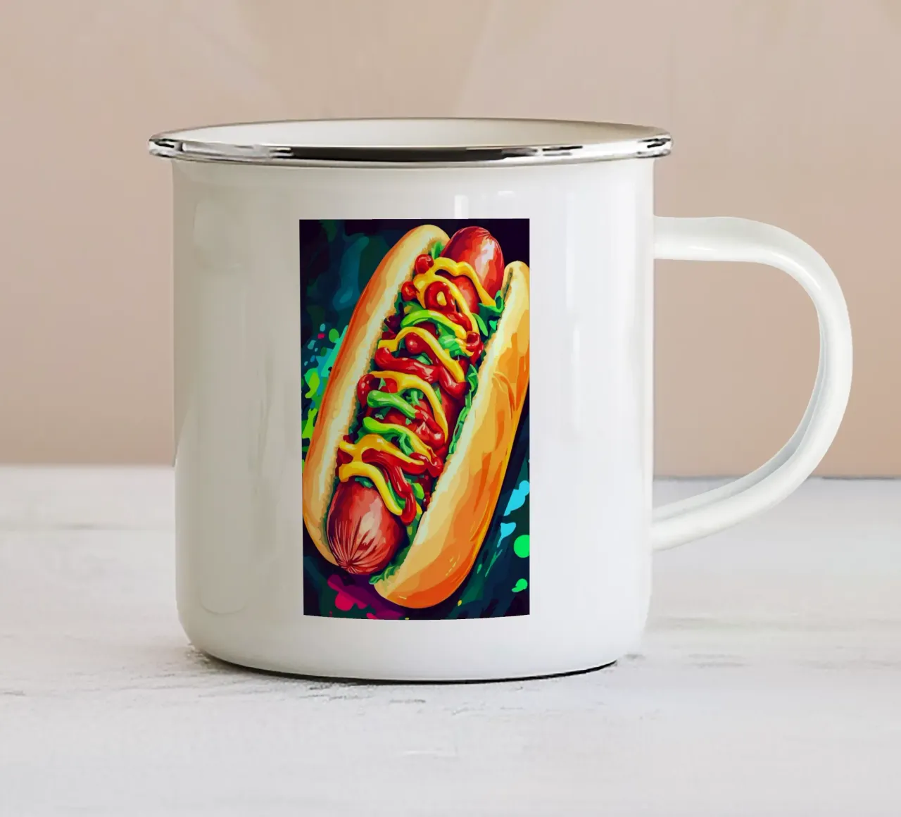 Hot dog colorati con un'esplosione di salsa tazza in smalto da pixelbull - medieval art and more