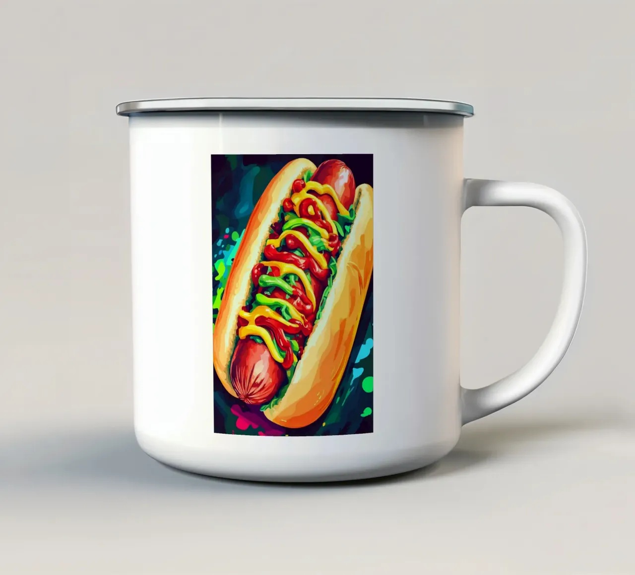 Hot dog colorati con un'esplosione di salsa tazza in smalto da pixelbull - medieval art and more