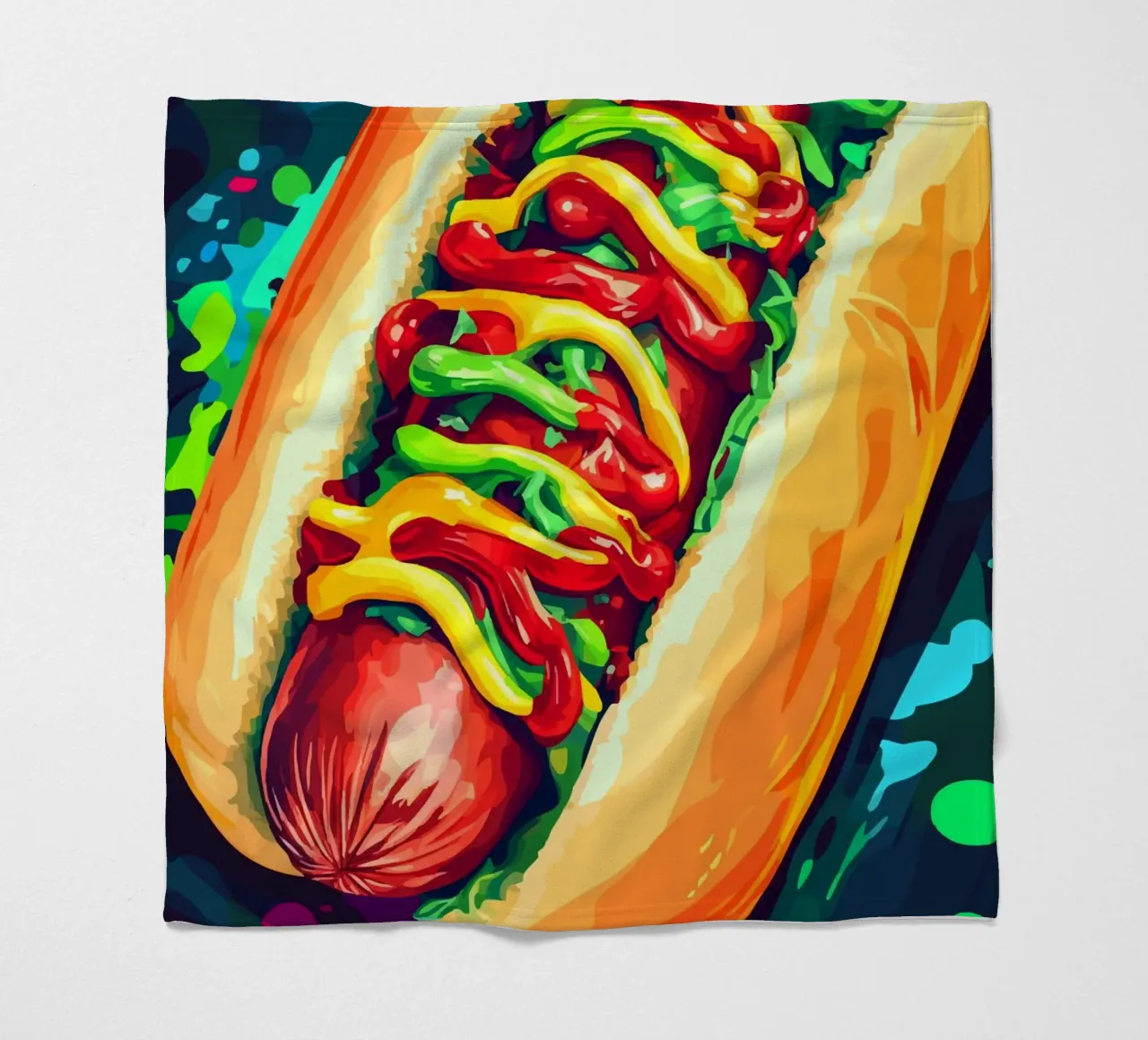 Hot dog colorati con un'esplosione di salsa coperta in pile da pixelbull - medieval art and more