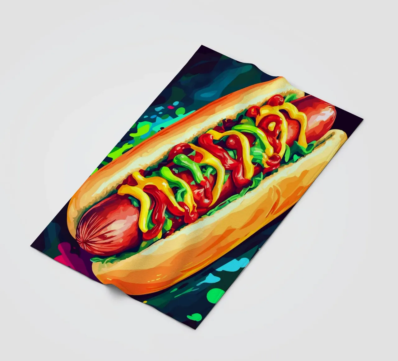 Hot dog colorati con un'esplosione di salsa coperta in pile da pixelbull - medieval art and more