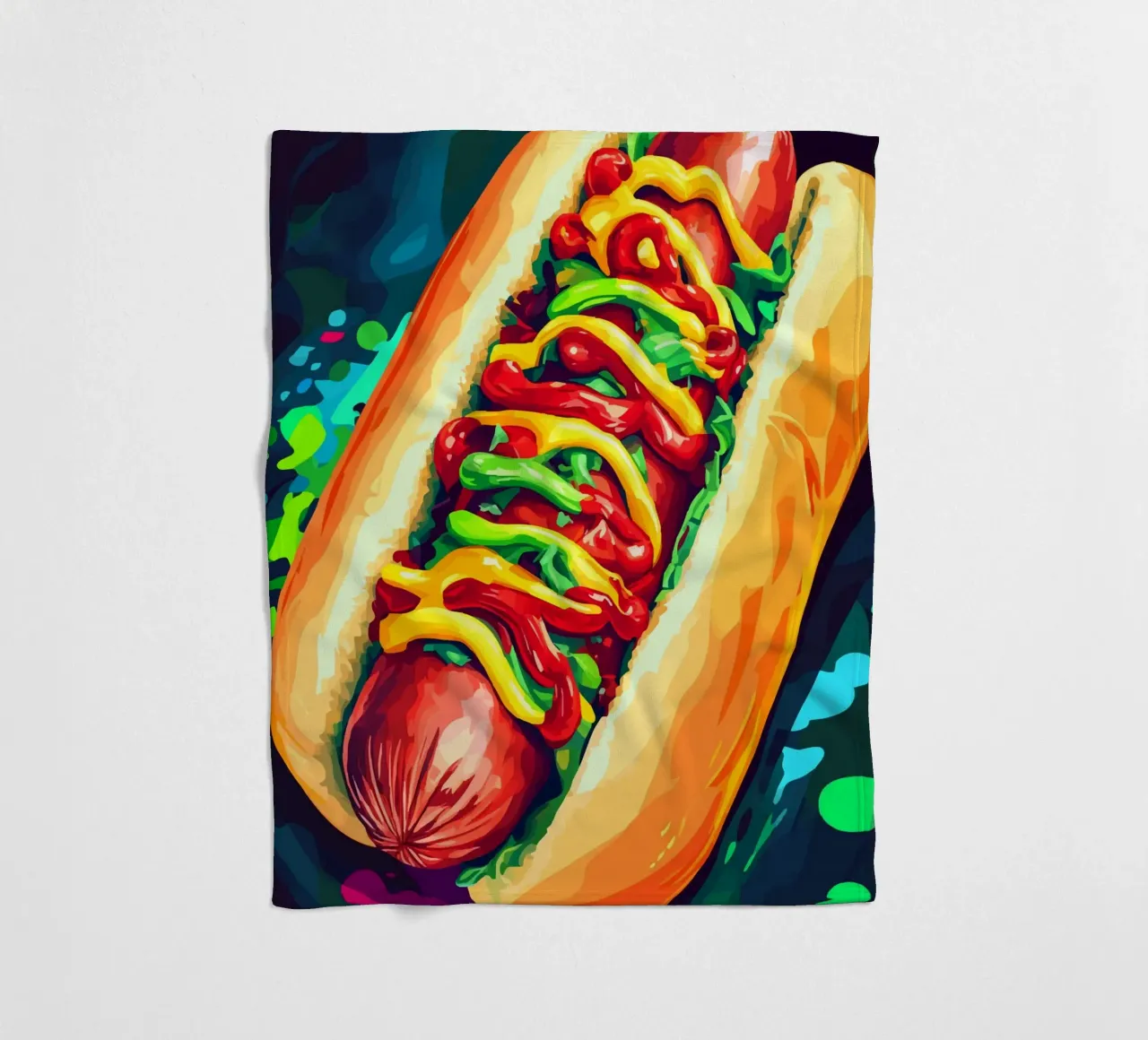 Hot dog colorati con un'esplosione di salsa coperta in pile da pixelbull - medieval art and more