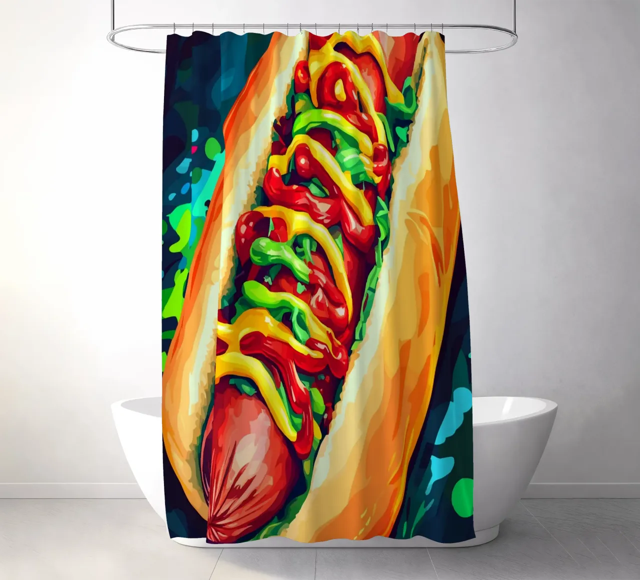 Hot dog colorati con un'esplosione di salsa tenda da doccia da pixelbull - medieval art and more