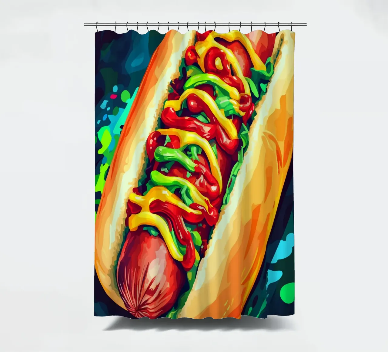 Hot dog colorati con un'esplosione di salsa tenda da doccia da pixelbull - medieval art and more