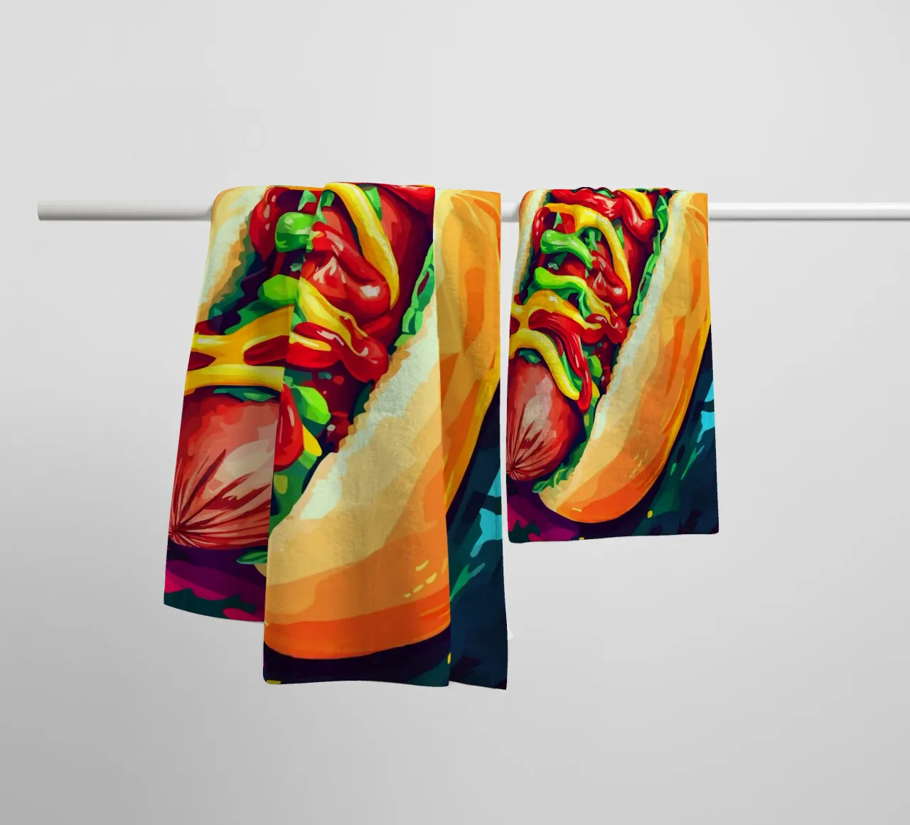 Hot dog colorati con un'esplosione di salsa asciugamano da bagno da pixelbull - medieval art and more