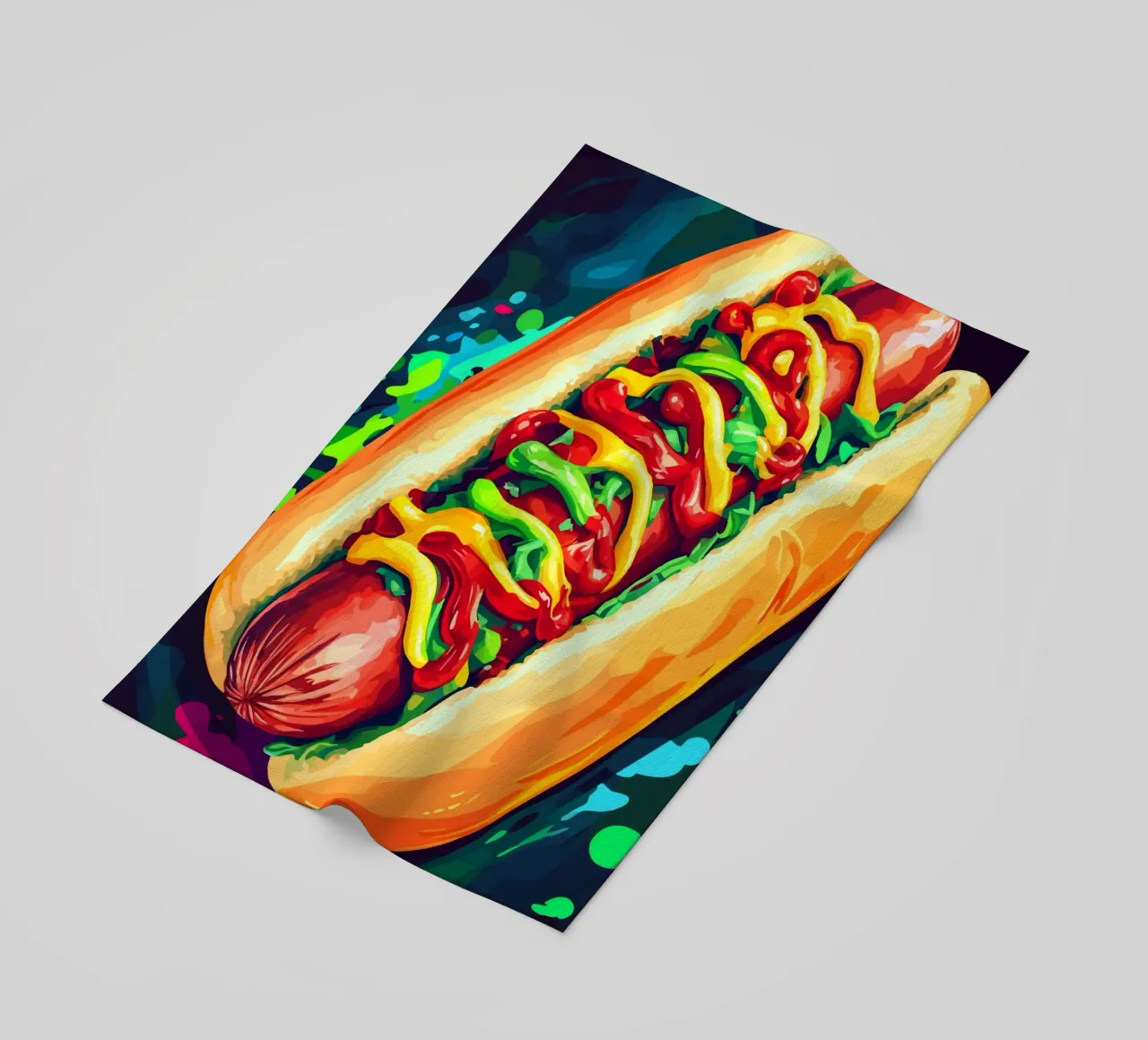 Hot dog colorati con un'esplosione di salsa telo mare da pixelbull - medieval art and more