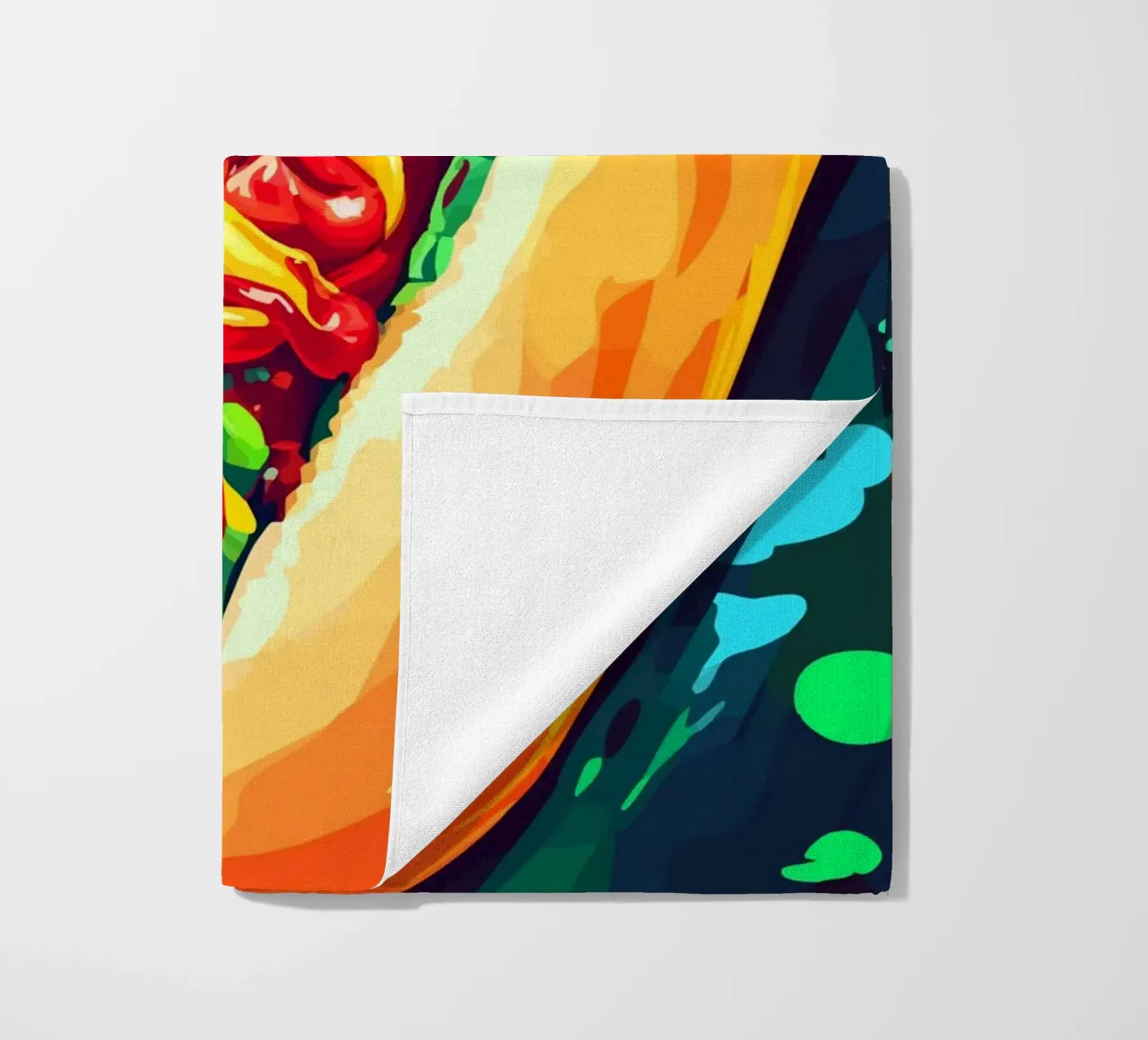 Hot dog colorati con un'esplosione di salsa telo mare da pixelbull - medieval art and more