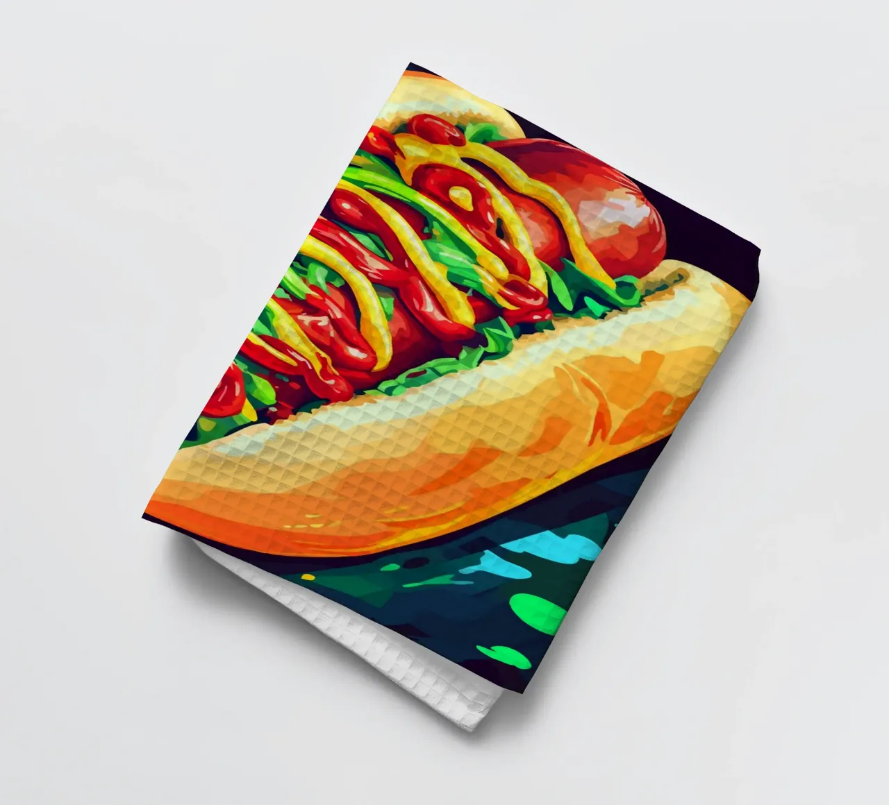 Hot dog colorati con un'esplosione di salsa canovaccio da cucina da pixelbull - medieval art and more