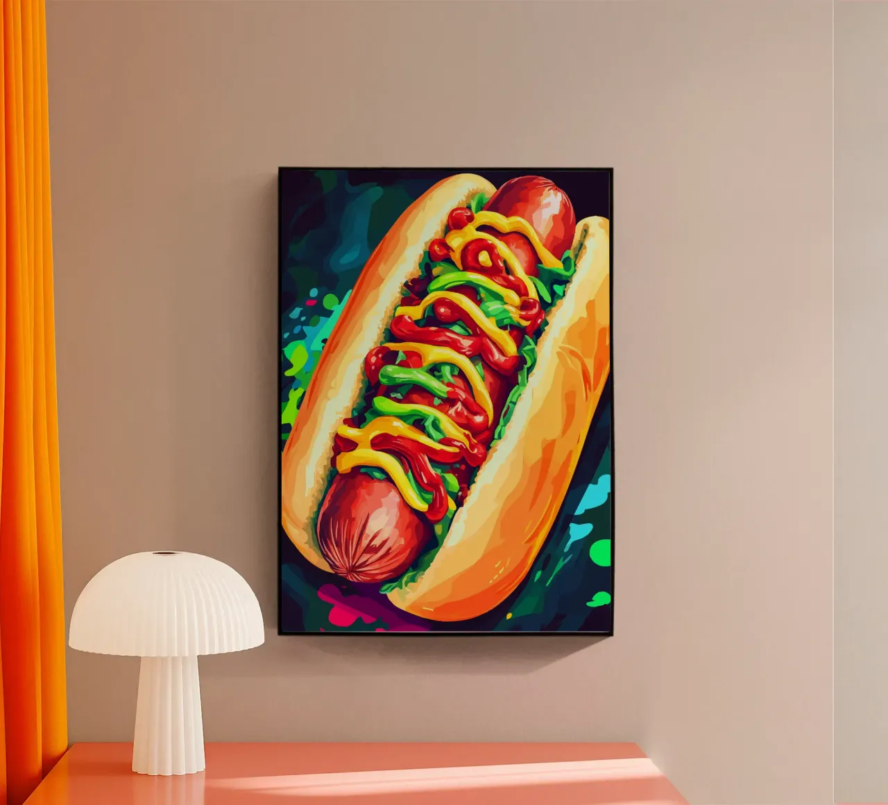 Hot dog colorati con un'esplosione di salsa plexiglass da pixelbull - medieval art and more