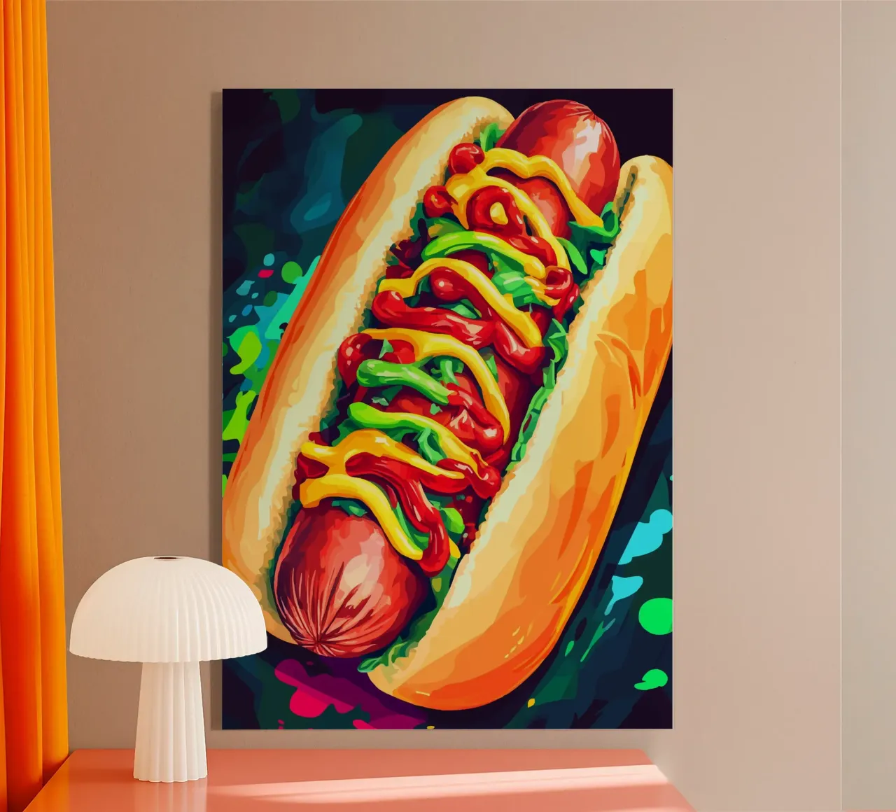Hot dog colorati con un'esplosione di salsa plexiglass da pixelbull - medieval art and more