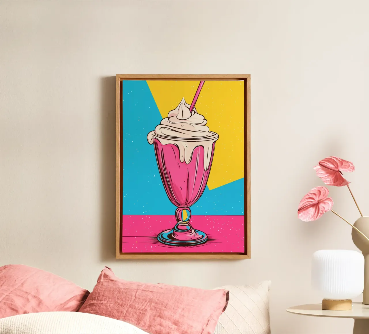 Retro milkshake in pink and blue canvas with Floater frame by pixelbull - medieval art and more