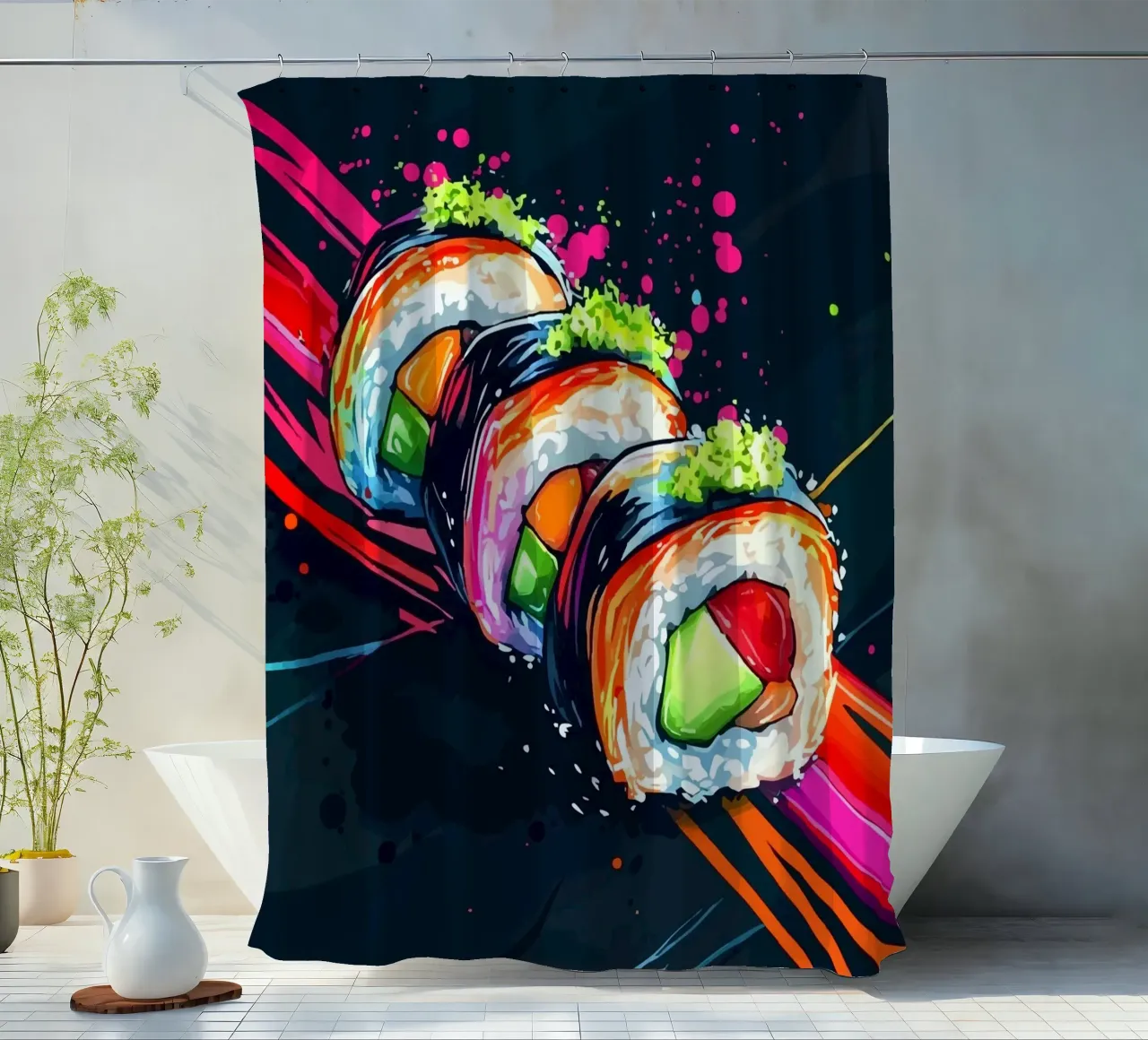 Rotoli di sushi dinamici con colori al neon tenda da doccia da pixelbull - medieval art and more