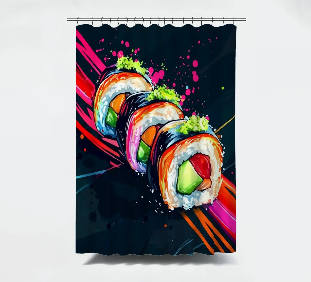 Rotoli di sushi dinamici con colori al neon tenda da doccia da pixelbull - medieval art and more