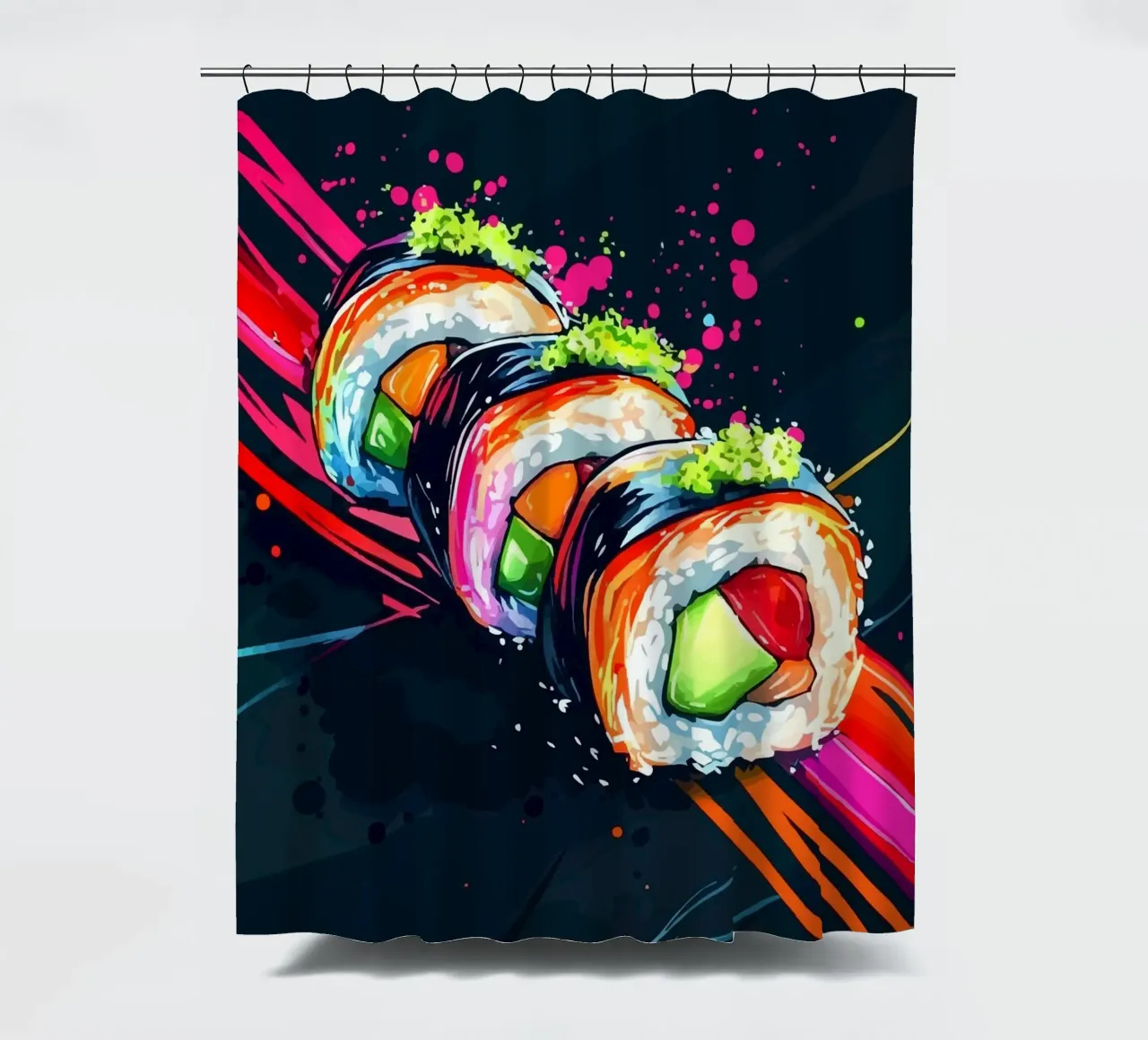 Rotoli di sushi dinamici con colori al neon tenda da doccia da pixelbull - medieval art and more