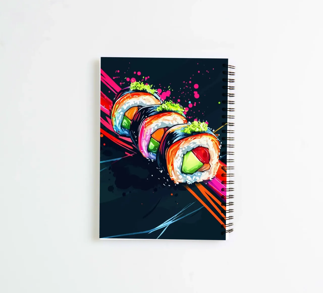 Dynamic sushi rolls in neon colours spiral notebook by pixelbull - medieval art and more