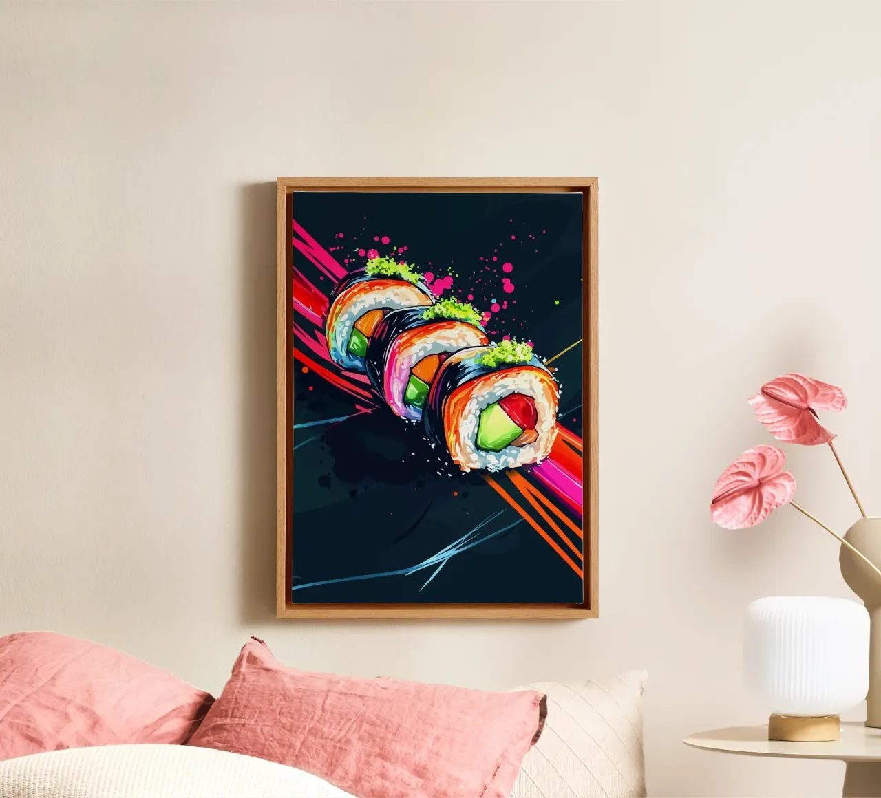 Dynamic sushi rolls in neon colours canvas by pixelbull - medieval art and more