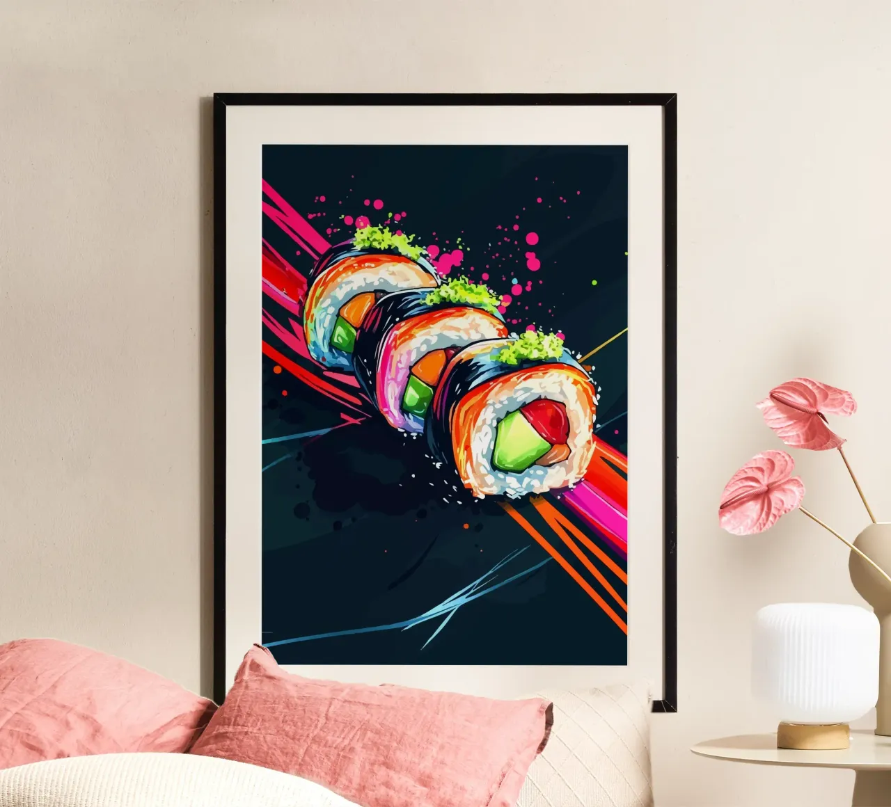 Rotoli di sushi dinamici con colori al neon carta hahnemühle da pixelbull - medieval art and more