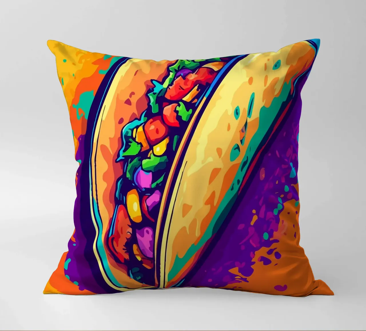Taco su uno sfondo colorato con schizzi di vernice cuscino da pixelbull - medieval art and more