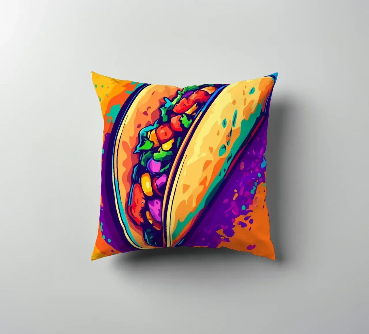 Taco su uno sfondo colorato con schizzi di vernice cuscino da pixelbull - medieval art and more