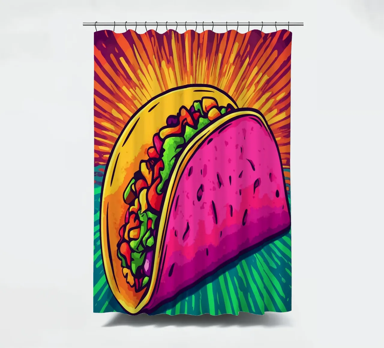 Colourful taco explosion with rays of sunshine shower curtain by pixelbull - medieval art and more