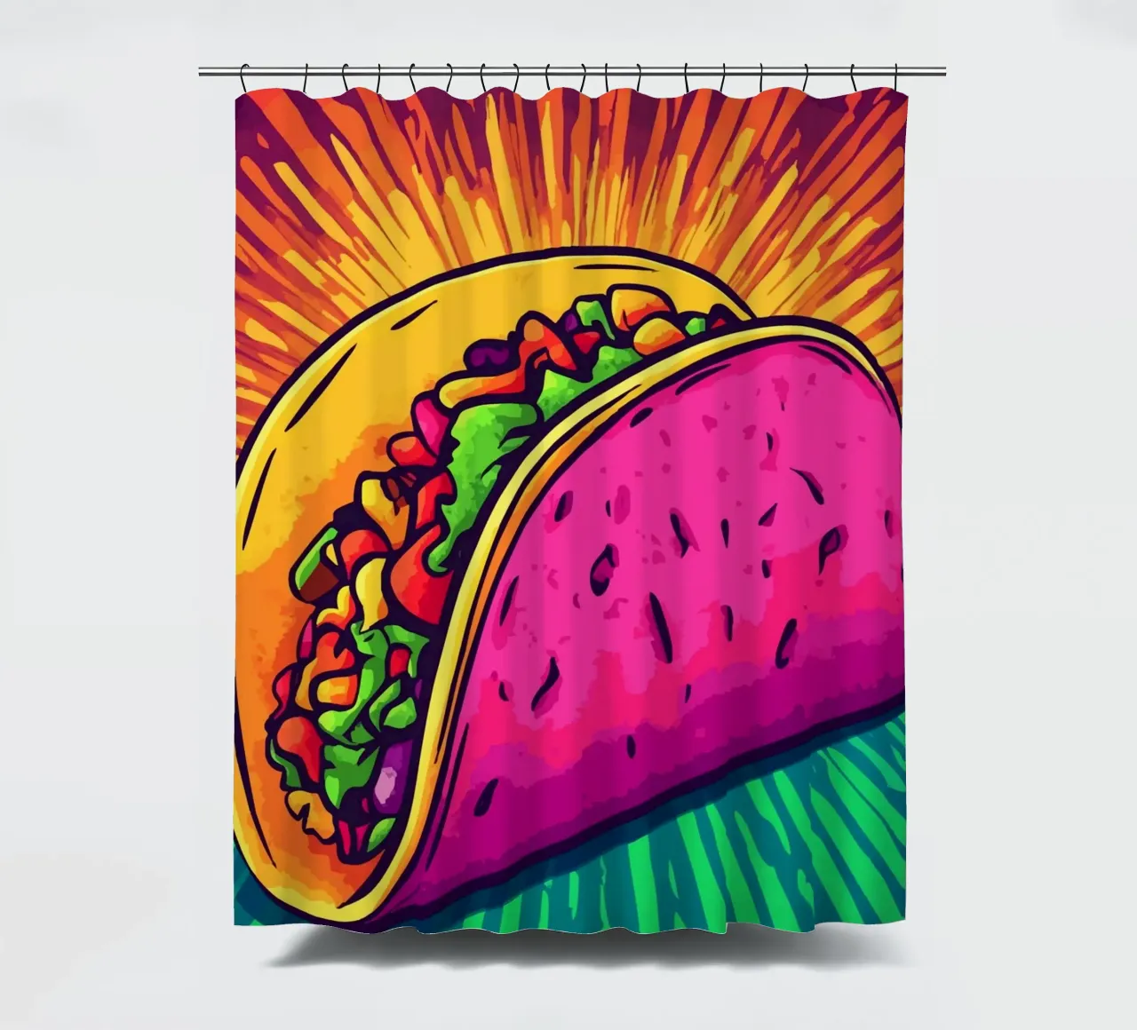 Colourful taco explosion with rays of sunshine shower curtain by pixelbull - medieval art and more