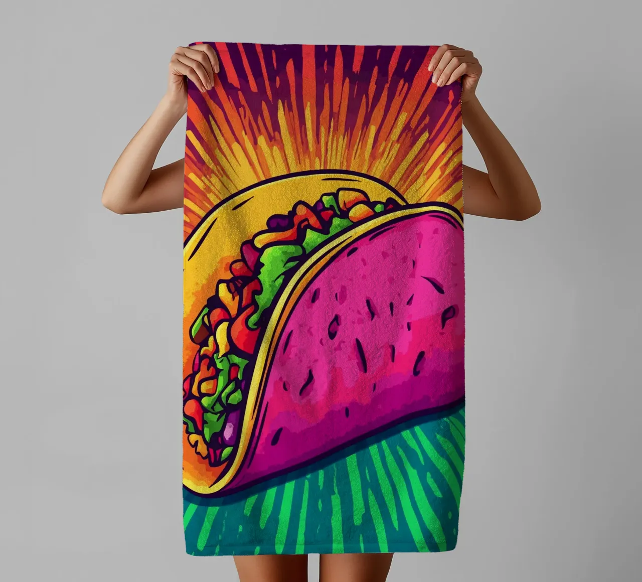 Esplosione di taco colorati con raggi di sole asciugamano da bagno da pixelbull - medieval art and more