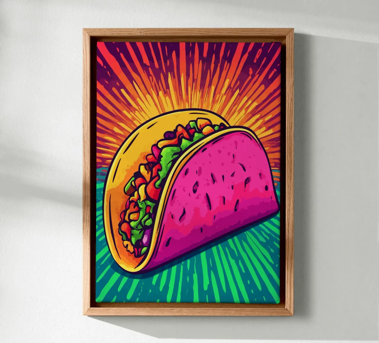 Colourful taco explosion with rays of sunshine canvas with Floater frame by pixelbull - medieval art and more