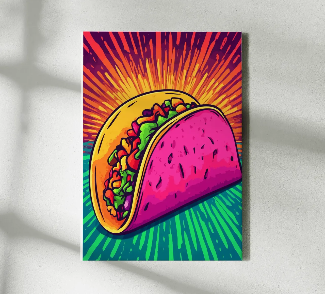 Colourful taco explosion with rays of sunshine canvas with Floater frame by pixelbull - medieval art and more