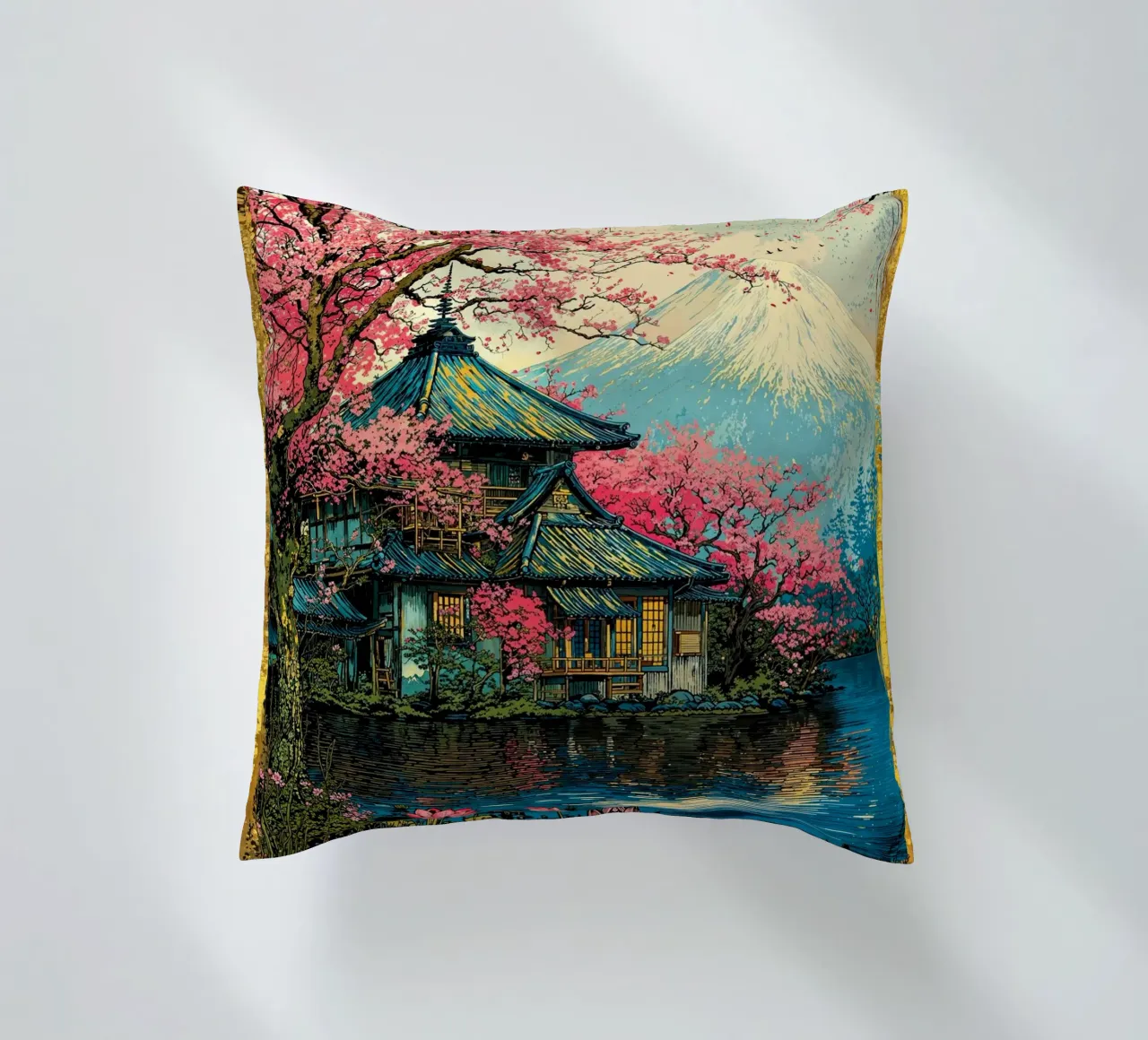 Fuji’s Sacred Bloom Retro Art cuscino da Pixaverse