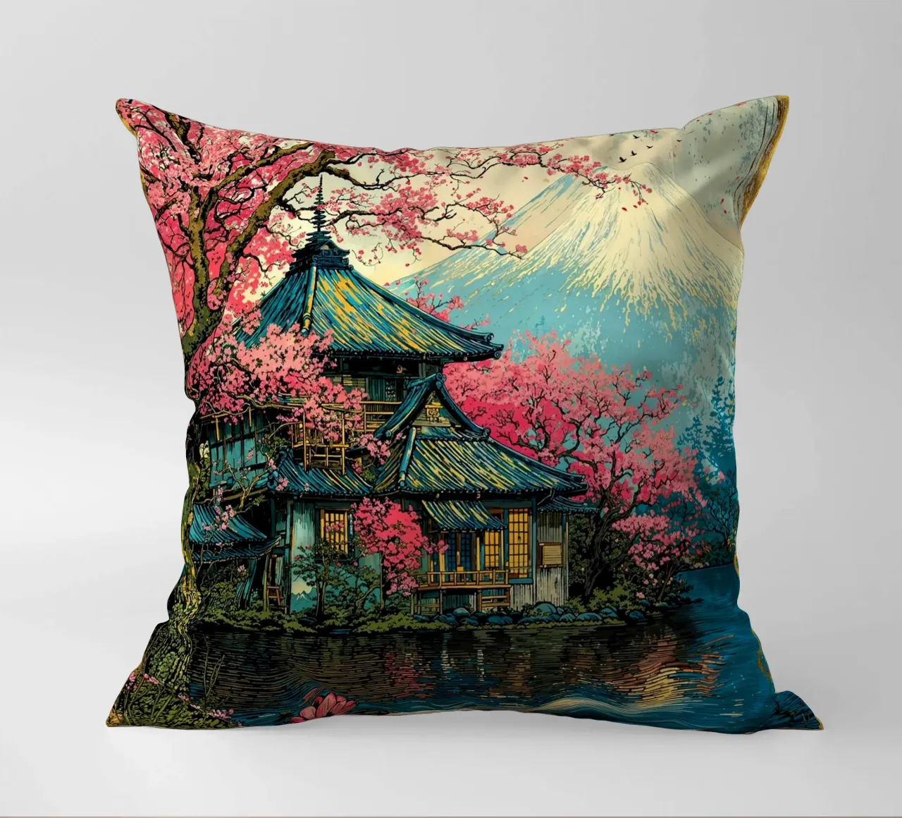 Fuji’s Sacred Bloom Retro Art cuscino da Pixaverse