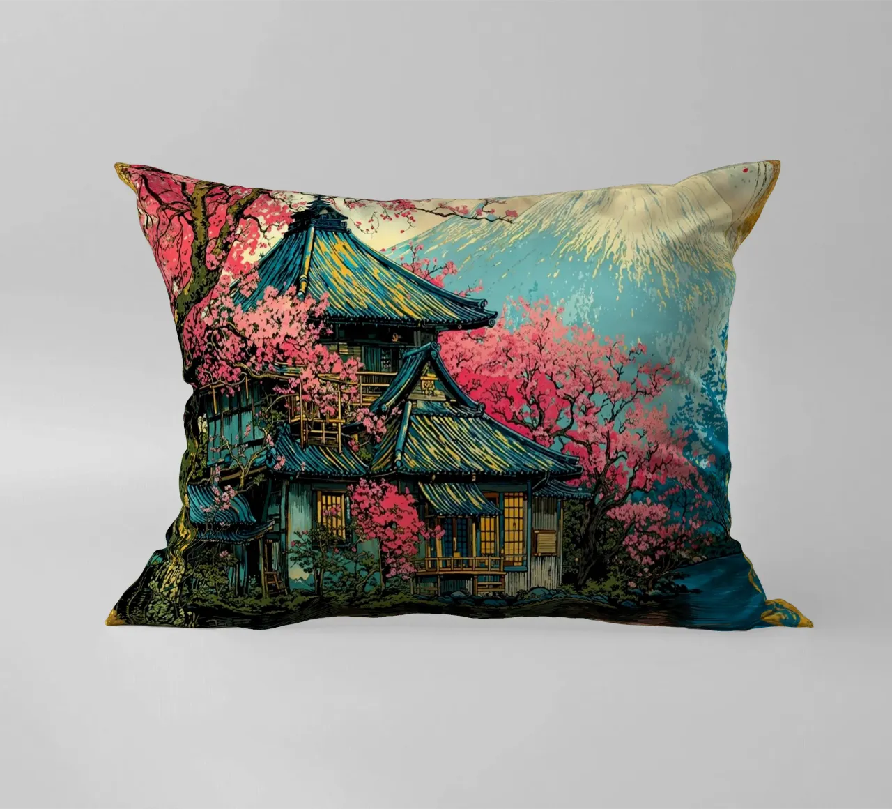 Fuji’s Sacred Bloom Retro Art cuscino da Pixaverse