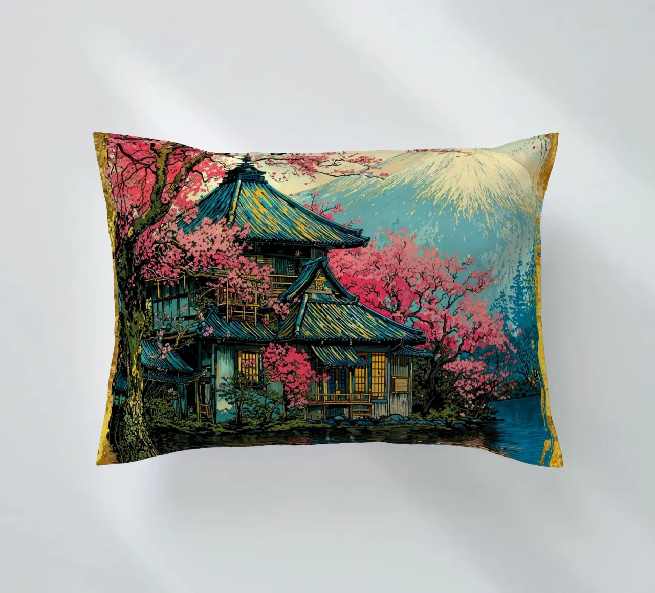 Fuji’s Sacred Bloom Retro Art cuscino da Pixaverse