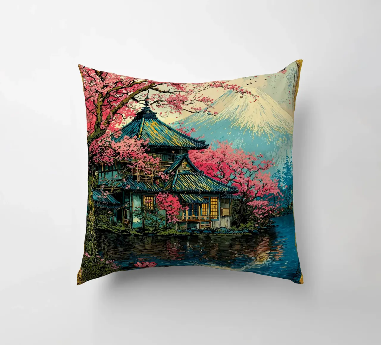 Fuji’s Sacred Bloom Retro Art cuscino da Pixaverse