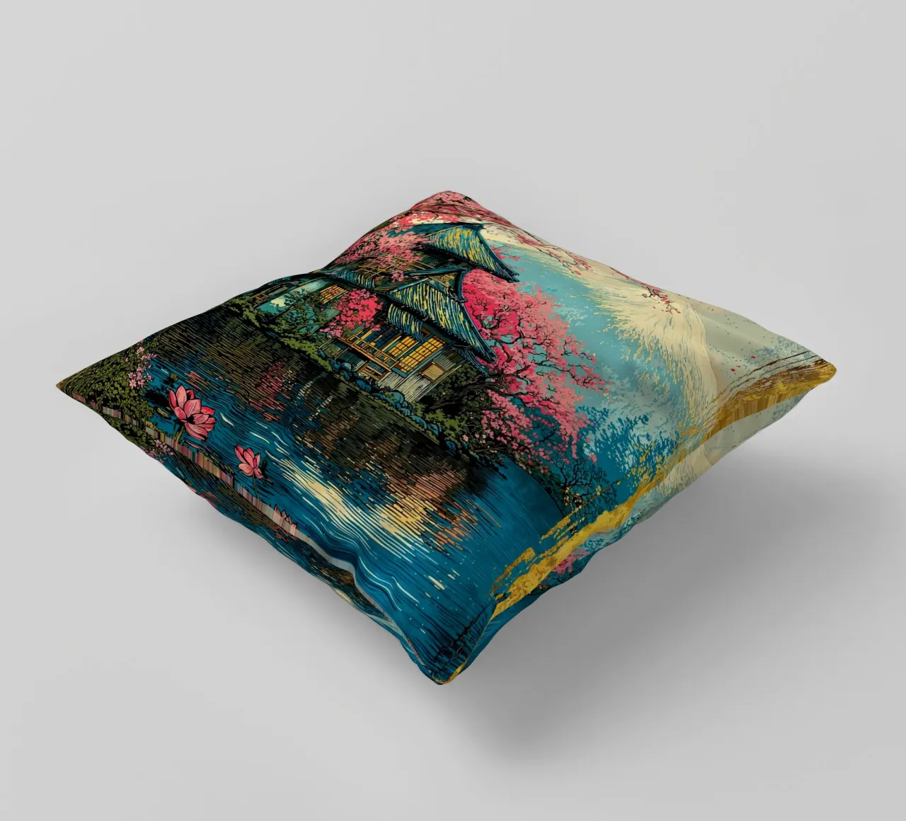 Fuji’s Sacred Bloom Retro Art cuscino da Pixaverse