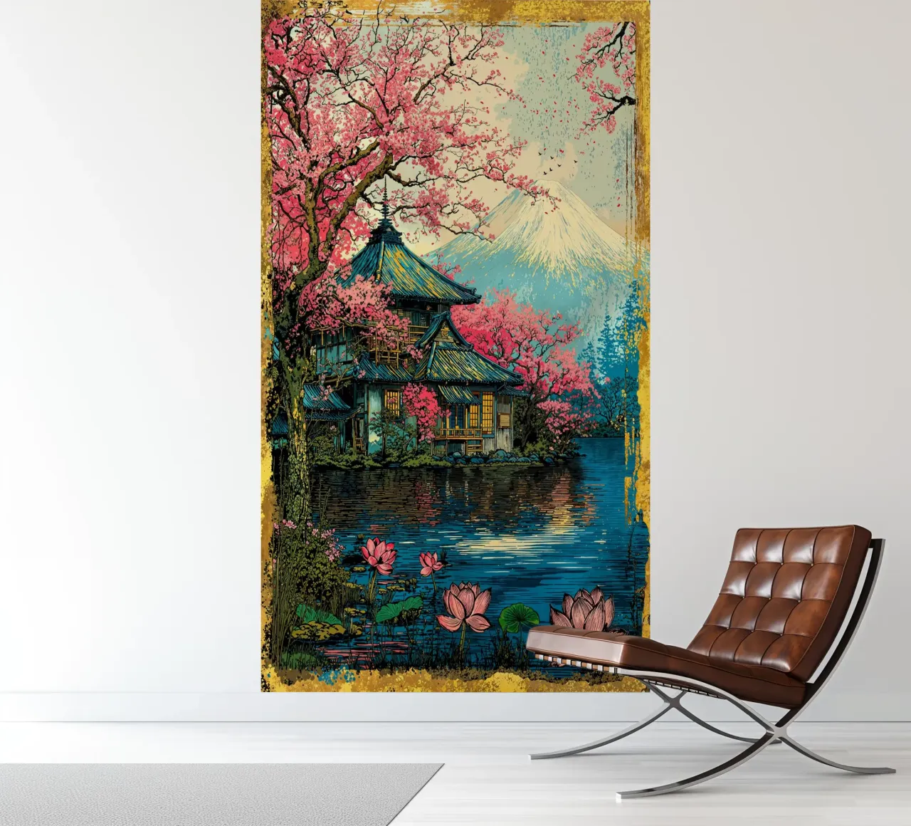 Fuji’s Sacred Bloom Retro Art papier peint photo de Pixaverse