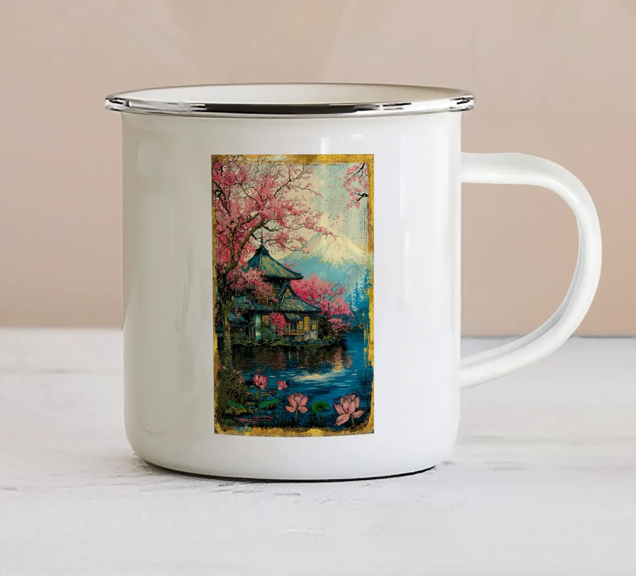 Fuji’s Sacred Bloom Retro Art tazza in smalto da Pixaverse