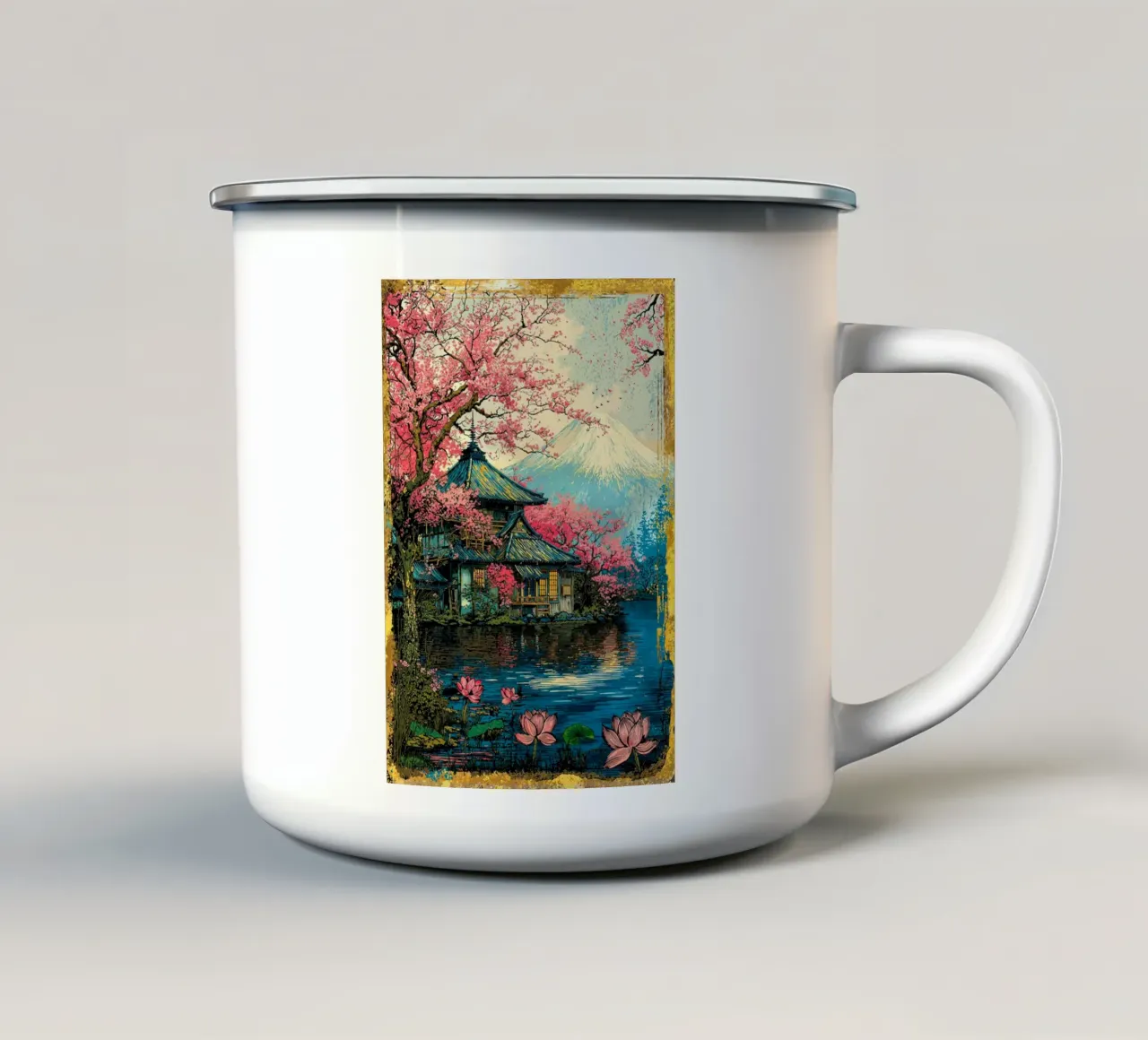 Fuji’s Sacred Bloom Retro Art tazza in smalto da Pixaverse