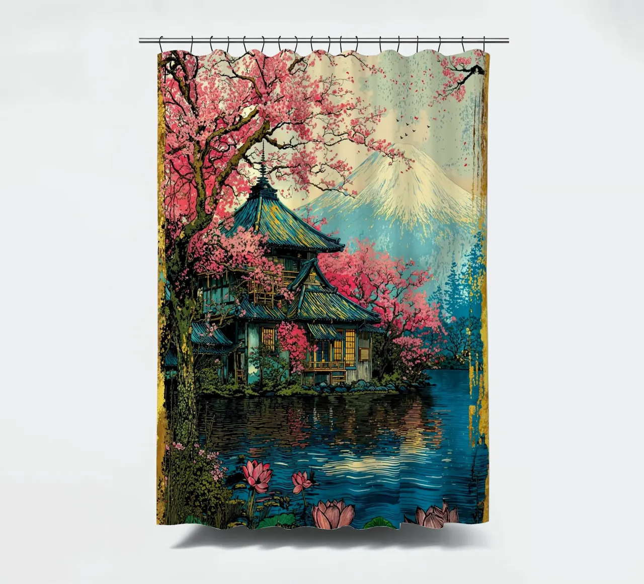 Fuji’s Sacred Bloom Retro Art tenda da doccia da Pixaverse