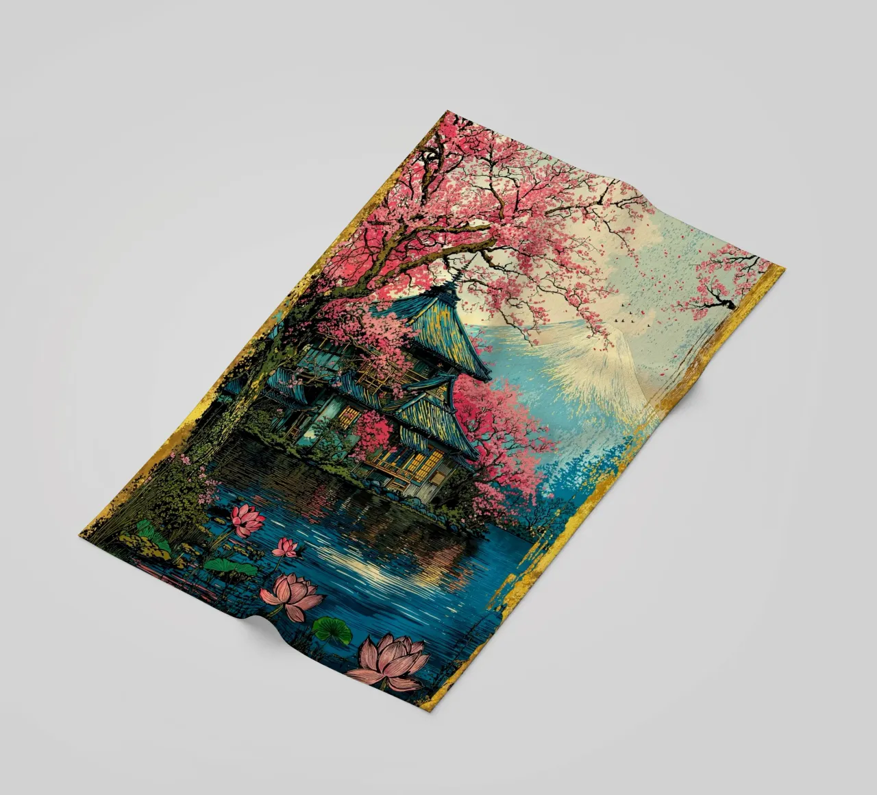 Fuji’s Sacred Bloom Retro Art telo mare da Pixaverse