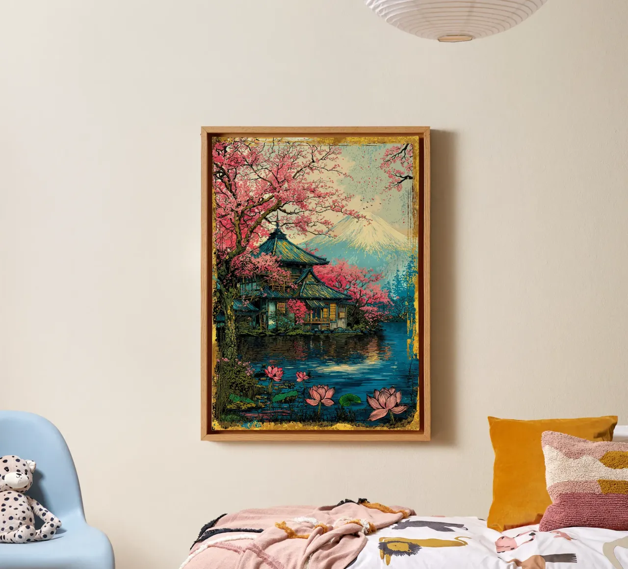 Fuji’s Sacred Bloom Retro Art canvas with Floater frame by Pixaverse