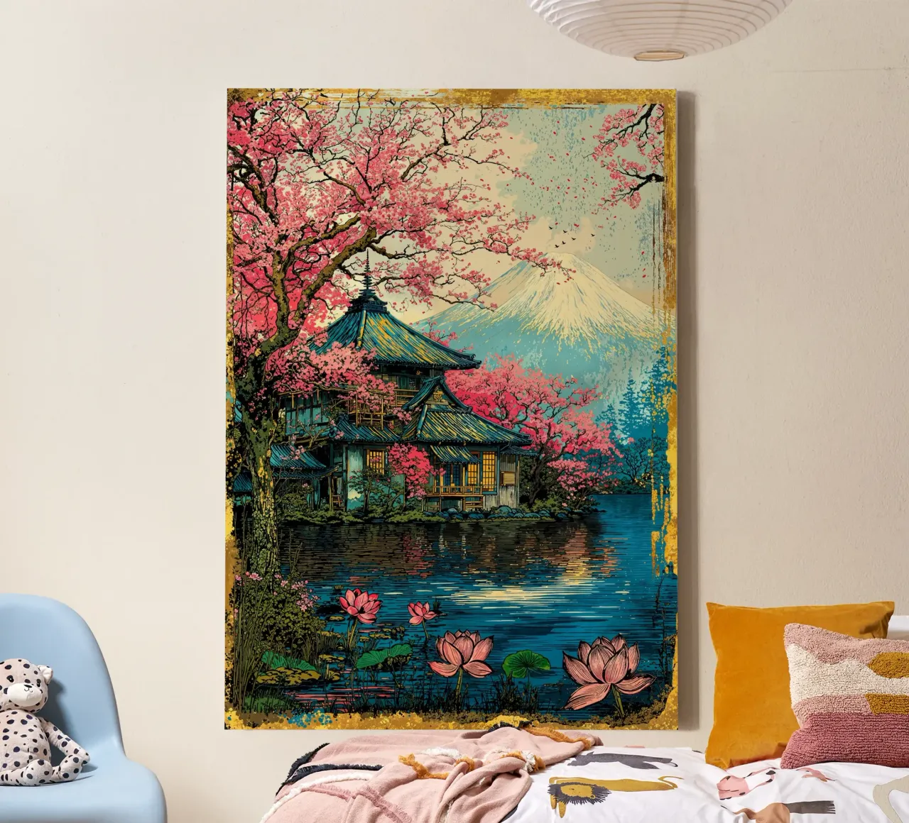 Fuji’s Sacred Bloom Retro Art canvas with Floater frame by Pixaverse