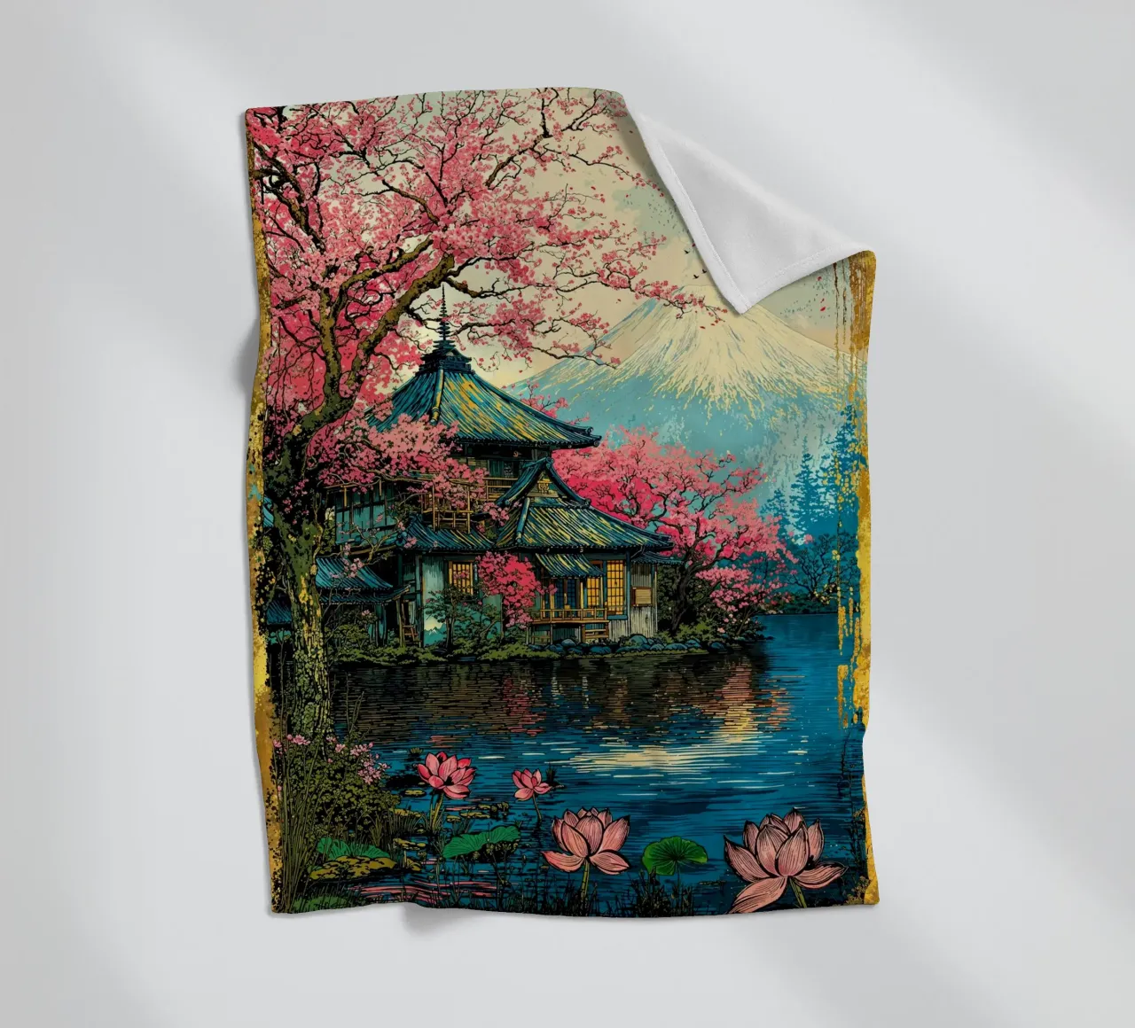 Fuji’s Sacred Bloom Retro Art coperta in pile da Pixaverse