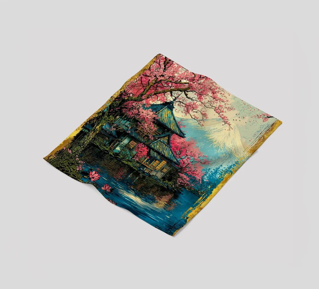 Fuji’s Sacred Bloom Retro Art coperta in pile da Pixaverse