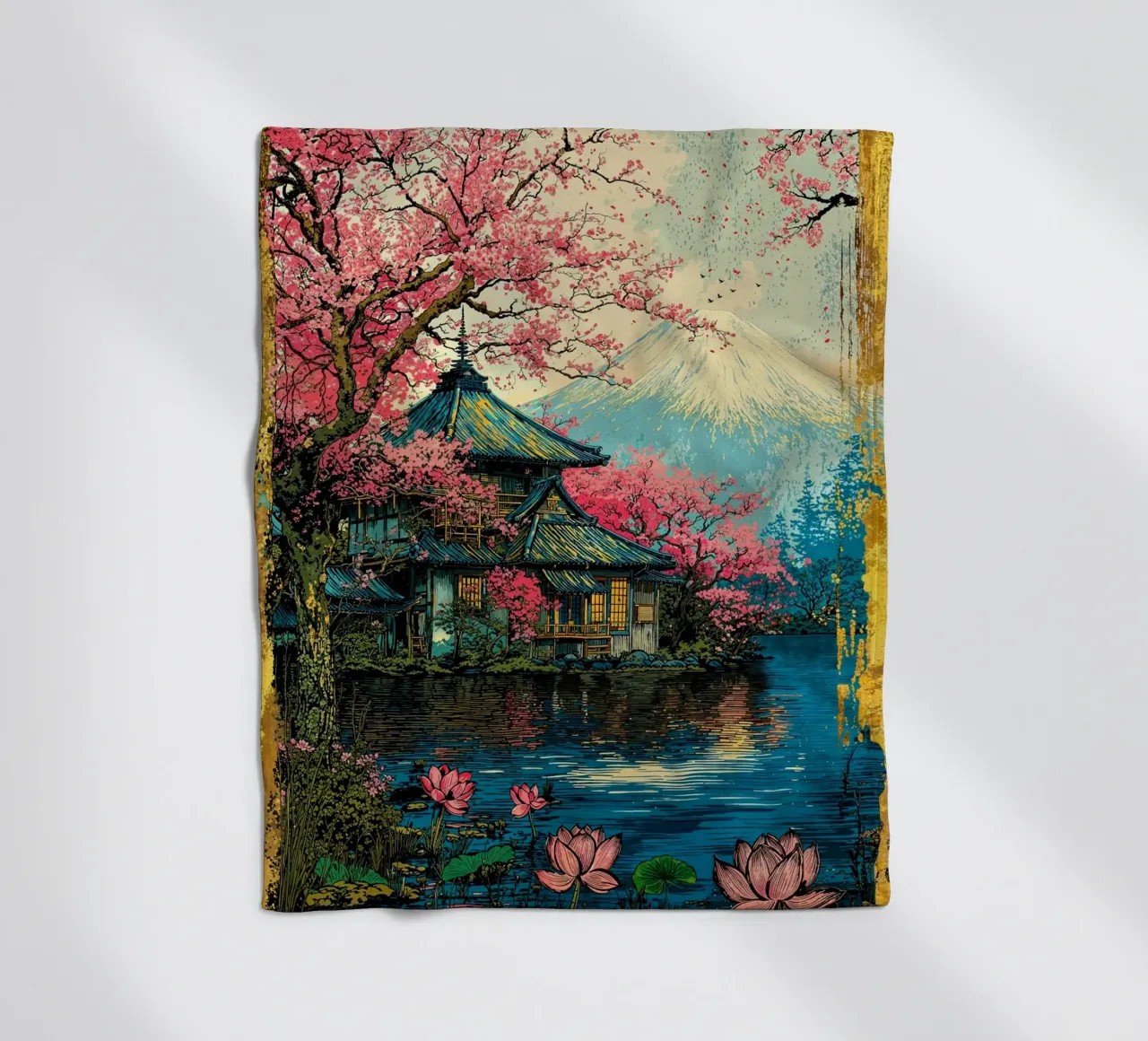 Fuji’s Sacred Bloom Retro Art coperta in pile da Pixaverse