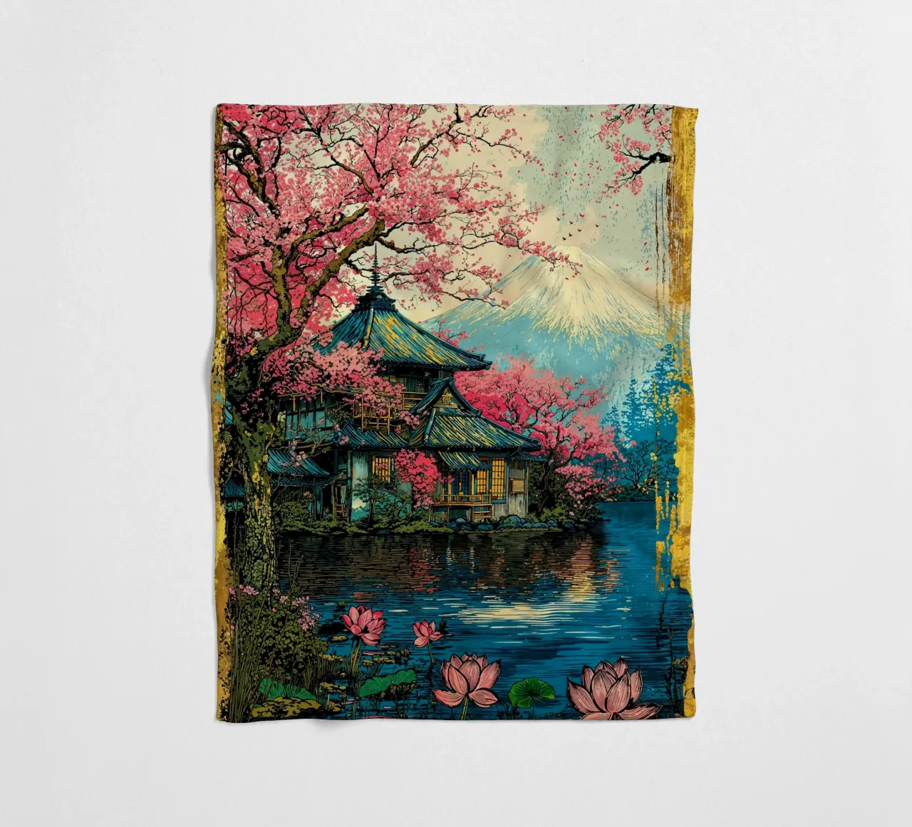 Fuji’s Sacred Bloom Retro Art coperta in pile da Pixaverse
